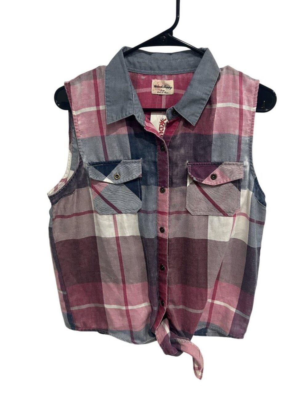 Black Poppy Large Sleeveless Plaid Button-Down Tie-Front Shirt Grungecore